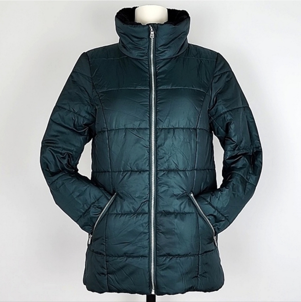 Vero Moda Women's Quilted Winter Emerald Green Jacket Black Faux Fur Collar M - Picture 4 of 14